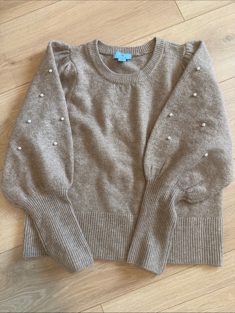 Vintage Cece Tan Pearl-Accent Puff Sleeve Sweater